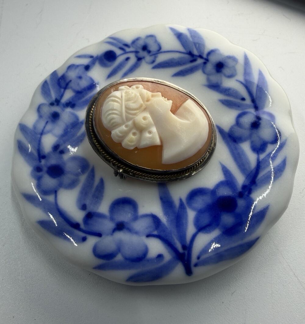 Tiny Antique Shell Cameo Brooch and Pendant, Hand Carved Pin Sterling Silver 925